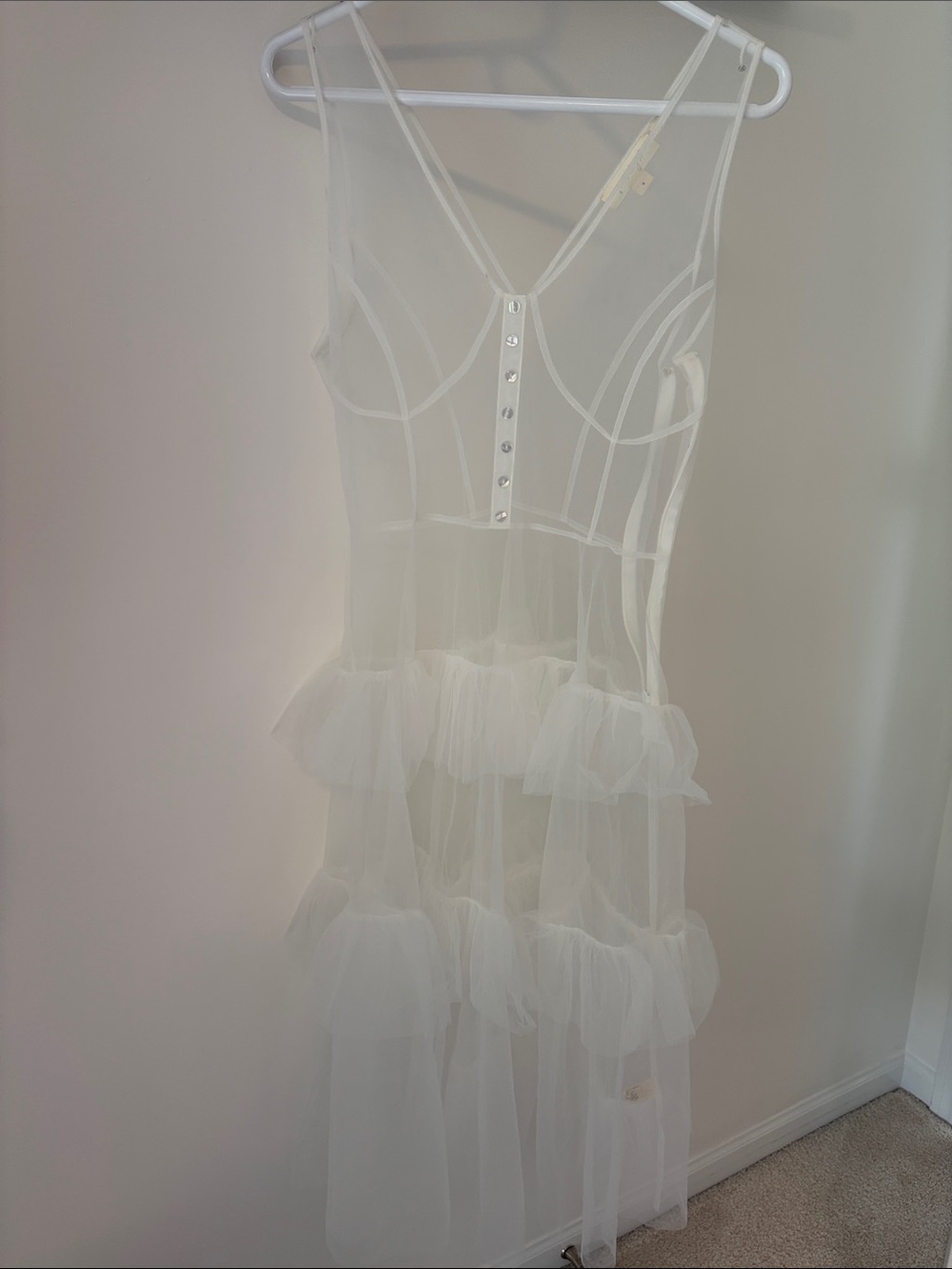 Sheer Tiered Ruffle Maxi Dress in White